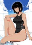  absurdres black_hair brown_eyes competition_swimsuit harukon_(halcon) highleg highleg_swimsuit highres one-piece_swimsuit original short_hair sitting solo swimsuit thighs 