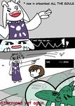  ! &lt;3 asriel_dreemurr black_sclera brown_hair caprine comic dialogue english_text eyes_closed goat group hair human humor jerry_(undertale) male mammal monster open_mouth protagonist_(undertale) sweat text yaranaika 