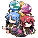  baby blonde_hair blue_hair blush chain clothes_writing collar diaper earth_(ornament) floating floating_object gold_chain hecatia_lapislazuli hemogurobin_a1c looking_at_viewer moon_(ornament) multiple_girls multiple_persona no_hat no_headwear open_mouth red_eyes red_hair saliva sitting sleeping smile touhou transparent_background 