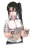  akasaai alternate_costume beer_can black_hair blush brown_eyes can casual highres kantai_collection long_hair nachi_(kantai_collection) ponytail side_ponytail simple_background smile solo white_background 