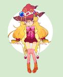  1girl beryl_benito blonde_hair brown_eyes freckles hat long_hair ribbon shoes socks tales_of_(series) tales_of_hearts thighhighs wide_sleeves witch_hat 