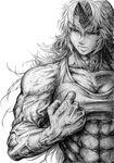  abs breasts cleavage clenched_hand collarbone commentary greyscale horn hoshiguma_yuugi imizu_(nitro_unknown) large_breasts long_hair manly monochrome muscle muscular_female sketch solo touhou veins 