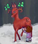  ambiguous_gender brown_hair cervine deer duo eyes_closed gift gyftrot hair human kyoobot mammal mandibles protagonist_(undertale) size_difference tree undertale what 