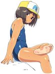 :o arm_support barefoot baseball_cap brown_eyes brown_hair dirty_feet feet hat looking_at_viewer om_(nk2007) one-piece_swimsuit school_swimsuit short_hair simple_background sitting soles solo sweat swimsuit tan tanline white_background yamaguchi_mika youkai_watch 