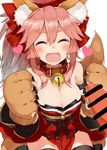  ^_^ animal_ears blush bow breasts carrot cleavage closed_eyes fang fate/extra fate/grand_order fate_(series) fox_ears fox_tail hair_bow heart kou_mashiro large_breasts long_hair open_mouth pink_hair saliva sexually_suggestive simple_background smile solo tail tamamo_(fate)_(all) tamamo_cat_(fate) white_background 