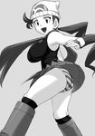  1girl ass beanie black_hair blush boots breasts character_request cosplay female hat highres hikari_(pokemon) hikawadou huge_breasts long_hair looking_at_viewer mitsumi_(pokemon) monochrome panties pantyshot pokemon pokemon_dp_legend scarf solo thick_thighs underwear upskirt 