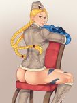  1girl ahoge alternate_costume ass beret blonde_hair braid cammy_white chair fur_trim gauntlets hat jacket kneehighs linart looking_back sitting sitting_backwards solo street_fighter street_fighter_iv twin_braids 