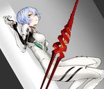  alternate_breast_size ayanami_rei bangs blue_hair bodysuit bracer breasts covered_nipples dutch_angle fishine from_side gloves gradient gradient_background grey_background hair_ornament knees_up lance_of_longinus looking_at_viewer lying medium_breasts neon_genesis_evangelion on_back parted_lips pilot_suit planted_weapon plugsuit polearm red_eyes shadow short_hair skinny solo spear turtleneck weapon white_bodysuit 