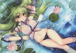  absurdres afloat arm_up black_panties blush breasts crease detached_sleeves dutch_angle frog_hair_ornament gohei green_hair hair_ornament hair_tubes highres huge_filesize kochiya_sanae large_breasts long_hair long_sleeves masaru.jp midriff navel no_pants open_mouth panties scan scan_artifacts shirt solo sparkle touhou underwear water wet wet_clothes wide_sleeves yellow_eyes 