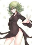  ass_visible_through_thighs black_dress breasts covered_navel covered_nipples curly_hair dress green_eyes green_hair hand_on_hip looking_at_viewer medium_breasts no_panties one-punch_man outstretched_arm short_hair side_slit simple_background solo tatsumaki utakata_(kochou_no_yume) wind wind_lift 