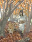  autumn autumn_leaves basket black_hair coftof commentary dog japanese_clothes kappougi kimono long_sleeves mushroom original shiba_inu short_hair sidelocks solo tree 