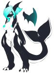  2014 anthro black_body blue_eyes blue_hair blue_nipples blue_tongue breasts cetacean dragon female hair hair_over_eye hybrid mammal marine nipples nude orca penelope rainbowscreen simple_background solo standing whale white_background white_body wings 