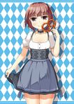  alternate_costume bad_id bad_pixiv_id brown_eyes brown_hair checkered checkered_background dirndl dress food german_clothes kankitsunabe_(citrus) kantai_collection pretzel short_hair solo z3_max_schultz_(kantai_collection) 