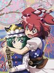  anime_coloring arm_ribbon blue_eyes breasts cherry_blossoms flower green_hair hair_bobbles hair_ornament hat hat_ribbon height_difference hug hug_from_behind large_breasts long_sleeves lunamoon multiple_girls onozuka_komachi open_mouth puffy_short_sleeves puffy_sleeves red_eyes red_hair ribbon rod_of_remorse sash shiki_eiki shirt short_sleeves skirt small_breasts smile spider_lily touhou two_side_up 