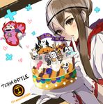  amina_(terra_battle) aoi_(kirabosi105) brown_hair cake eileen_(terra_battle) finger_to_mouth food gloves highres multicolored_hair multiple_girls samatha_(terra_battle) shushing terra_battle two-tone_hair white_hair 