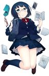  bag blazer blue_eyes blue_hair blush book bow cellphone character_request dansan_joshi furoshiki glasses jacket loafers mizu_asato obentou phone reading school_bag school_uniform shoes short_hair smartphone solo spilling wrapped_obentou 