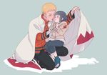  1girl bandaged_arm bandages black_hair blonde_hair blush cape finger_to_mouth hyuuga_hinata naruto naruto_(series) risuo short_hair time_paradox uzumaki_naruto 