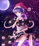  blob blue_eyes blue_hair book checkered doremy_sweet dream_soul dress goingtobemad hat highres moon nightcap pom_pom_(clothes) shirt short_hair short_sleeves skirt smile solo tail tapir_tail touhou 