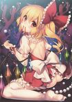  absurdres ass back back_cutout beads blonde_hair bow crystal dress fangs feet flandre_scarlet frills from_behind full_body garland_(decoration) hair_bow hair_ornament highres huge_filesize looking_at_viewer looking_back masaru.jp mouth_hold no_hat no_headwear no_panties no_shoes puffy_sleeves red_eyes ribbon ribbon_in_mouth scan scan_artifacts short_hair short_sleeves side_ponytail smile solo thighhighs touhou underwater white_legwear wings wrist_cuffs 