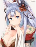  :3 animal_ears bad_id bad_pixiv_id bare_shoulders blue_eyes blue_hair breasts cleavage eating erune flower food fox_ears fur_trim granblue_fantasy hair_flower hair_ornament long_hair looking_at_viewer medium_breasts onigiri rice signature silver_hair socie_(granblue_fantasy) solo upper_body wide_sleeves yatsuka_(846) 