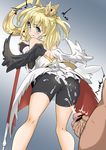  1girl ass bare_shoulders bike_shorts black_wings blonde_hair blue_eyes clothed_female_nude_male crown cum cum_on_ass cum_on_clothes ejaculation gloves hetero looking_back maaru_(shironeko_project) nude panties_under_bike_shorts pantylines shironeko_project staff two_side_up white_wings wings yuuichi_(reductionblack) 