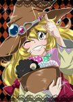  beryl_benito blonde_hair blush candy freckles grey_eyes grin hat long_hair one_eye_closed open_mouth ribbon smile tales_of_(series) tales_of_hearts wink witch_hat 