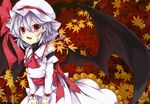  akisome_hatsuka ascot autumn_leaves bare_shoulders bat_wings bow detached_sleeves earrings fang hat hat_bow jewelry lavender_hair mob_cap open_mouth pointy_ears red_eyes remilia_scarlet sash solo touhou wings wrist_cuffs 