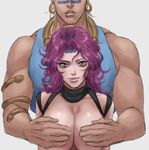  1girl armlet battle_tendency blonde_hair breasts covering covering_breasts genderswap genderswap_(mtf) ginjoo_(ginjo_1116) jojo_no_kimyou_na_bouken kars_(jojo) large_breasts pink_eyes purple_hair shirt size_difference sleeveless sleeveless_shirt wamuu 