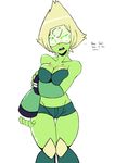  blush cleavage clothed clothing english_text female freckles green_skin peridot_(steven_universe) solo steven_universe text thick_thighs wide_hips 