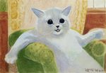  ambiguous_gender black_eyes cat chair feline fur license_info louis_wain low_res mammal nude open_mouth public_domain semi-anthro sitting solo traditional_media_(artwork) whiskers white_fur 