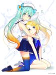  :o ama_mitsuki aqua_hair artist_name bare_arms blonde_hair blue_legwear bow dated dress full_body gradient_hair gradient_legwear green_eyes green_hair hair_ornament hair_ribbon hairclip hat hatsune_miku high_heels hug hug_from_behind kagamine_rin kneeling long_hair looking_at_viewer marine_miku miniskirt multicolored_hair multiple_girls orange_hair orange_legwear pleated_skirt ribbon sailor_dress school_uniform seiza serafuku short_hair sitting skirt striped striped_bow thighhighs twintails very_long_hair vocaloid 