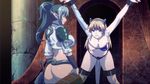  2girls animated animated_gif ass bdsm blonde_hair bondage bouncing_breasts bound_wrists breasts butt_crack chains echidna elf elina green_hair large_breasts long_hair multiple_girls nipples pointy_ears queen&#039;s_blade queen's_blade smile snake standing torn_clothes 