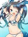  ;d armpits arms_behind_head bikini blue_hair blush breasts karin_(p&amp;d) long_hair marshmallow_mille navel one_eye_closed open_mouth puzzle_&amp;_dragons small_breasts smile solo swimsuit tail twintails twitter_username white_bikini 
