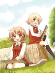  :d black_legwear blonde_hair blush brown_eyes brown_hair cloud day dutch_angle grass hair_ornament hairclip hidamari_sketch highres holding holding_pencil kneehighs loafers long_sleeves miyako multiple_girls open_mouth outdoors pencil quro_(black_river) school_uniform shirt shoes short_hair sitting skirt sky smile tree vest wariza white_shirt wing_collar yellow_eyes yuno 