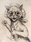  ambiguous_gender annoyed cat feline greyscale holding license_info looking_away louis_wain mammal monochrome nude open_mouth pencil_(artwork) public_domain semi-anthro simple_background sketch solo traditional_media_(artwork) whiskers white_background wig 