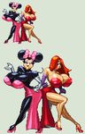  2015 anthro big_breasts breasts casetermk cleavage clothed clothing digital_media_(artwork) disney duo elbow_gloves female gloves hand_on_hip high_heels huge_breasts human jessica_rabbit mammal minnie_mouse mouse pixel_(artwork) rodent simple_background who_framed_roger_rabbit wide_hips 