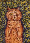  abstract_background ambiguous_gender cat feline fluffy fur license_info louis_wain mammal nude one_eye_closed open_mouth painting_(artwork) public_domain semi-anthro solo tan_fur traditional_media_(artwork) whiskers yellow_eyes 