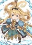  &gt;:( bangs black_footwear blonde_hair blue_dress blue_eyes boots breastplate charlotta_fenia crown dress frilled_dress frills frown gauntlets granblue_fantasy harvin holding holding_sword holding_weapon long_hair looking_away looking_to_the_side o_(rakkasei) pointy_ears puffy_short_sleeves puffy_sleeves shield short_sleeves simple_background solo standing sword v-shaped_eyebrows water weapon white_background 
