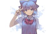  blue_eyes blue_hair blush cirno hair_ornament hair_ribbon looking_at_viewer ribbon shirt short_hair short_sleeves simple_background smile solo suehachi_(hikage) touhou upper_body v vest white_background 