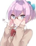  1girl adjusting_glasses alternate_costume aqua_eyes bespectacled blue_eyes glasses hair_ornament kantai_collection pink_hair ponytail red-framed_glasses ribbon shiranui_(kantai_collection) short_hair solo takeshima_(nia) white_background 