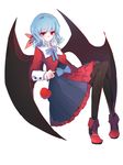  alternate_costume apple bat_wings benghuai_7 black_legwear blue_hair blush boots dress food frills fruit full_body hair_ribbon highres layered_dress long_sleeves looking_to_the_side pantyhose red_eyes remilia_scarlet ribbon short_hair simple_background smile solo touhou vest white_background wings 