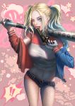  1girl baseball_bat batman_(series) blonde_hair blue_eyes blue_hair breasts dc_comics dip-dyed_hair fishnet_pantyhose fishnets gun harley_quinn jacket long_hair makeup matching_hair/eyes multicolored_hair pantyhose rope short_shorts shorts solo suicide_squad tied_hair twintails weapon wink 