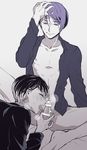  2boys adjusting_hair bar_censor breath censored fellatio heart heart_censor kaneki_ken licking male_focus monochrome multiple_boys open_chirt open_shirt oral penis saliva sasaki_haise shirt smile solo_focus tokyo_ghoul tongue_out tsukiyama_shuu yaoi 