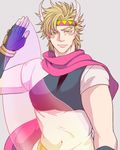  blonde_hair bubble caesar_anthonio_zeppeli facial_mark feathers fingerless_gloves gloves green_eyes hair_feathers jojo_no_kimyou_na_bouken male_focus pink_scarf scarf smirk solo youna000 