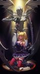  amane_misa blonde_hair breasts death_note death_note_(object) fingerless_gloves frilled_skirt frills garter_straps gloves highres kneeling medium_breasts nail_polish red_eyes rem_(death_note) san_yu_pian shinigami skirt thighhighs two_side_up yellow_eyes 