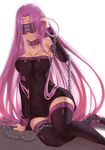  bad_id bad_pixiv_id bare_shoulders black_footwear black_legwear blindfold boots breasts cleavage collar detached_sleeves dress facial_mark fate/hollow_ataraxia fate/stay_night fate_(series) forehead_mark garutaisa highres large_breasts long_hair nameless_dagger purple_hair rider solo thigh_boots thighhighs very_long_hair zettai_ryouiki 