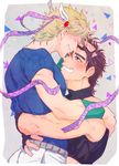  blonde_hair brown_hair caesar_anthonio_zeppeli headband heart hug jojo_no_kimyou_na_bouken joseph_joestar_(young) koeri male_focus midriff multiple_boys 