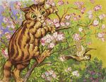  ambiguous_gender avian bird brown_fur cat detailed_background digitigrade duo feline feral flower flying fur green_eyes license_info louis_wain low_res mammal nude outside plant public_domain quadruped size_difference striped_fur stripes tree whiskers wings 