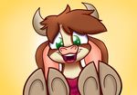 arizona_cow_(tfh) bandanna bovine brown_fur cattle female fur gradient_background green_eyes happy heir-of-rick hooves horn long_ears looking_at_viewer mammal open_mouth simple_background solo them&#039;s_fightin&#039;_herds 