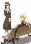  animal bench black_skirt blonde_hair cat kubo_shiori long_hair long_sleeves looking_at_viewer looking_back maria-sama_ga_miteru multiple_girls natsushi satou_sei school_uniform serafuku sitting skirt standing v_arms white_background younger 